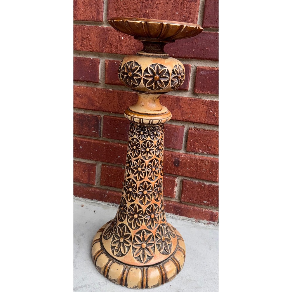 Vintage Floral Carved Pillar Candle Holder Distressed Boho Rustic 17.5 Inch